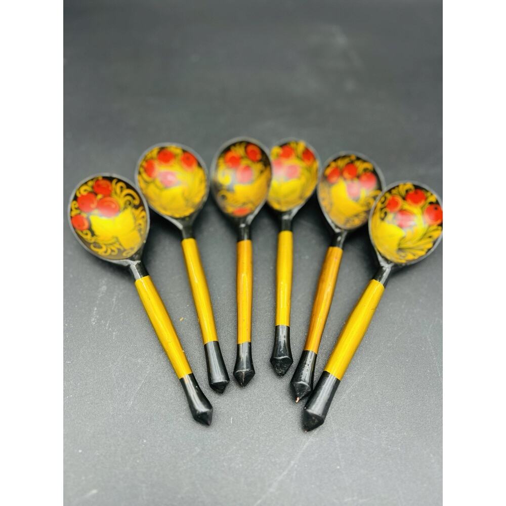 Khokhloma Russian Folk Art Hand Painted Spoons Red Gold Black Set Of 6 - Picture 7 of 7